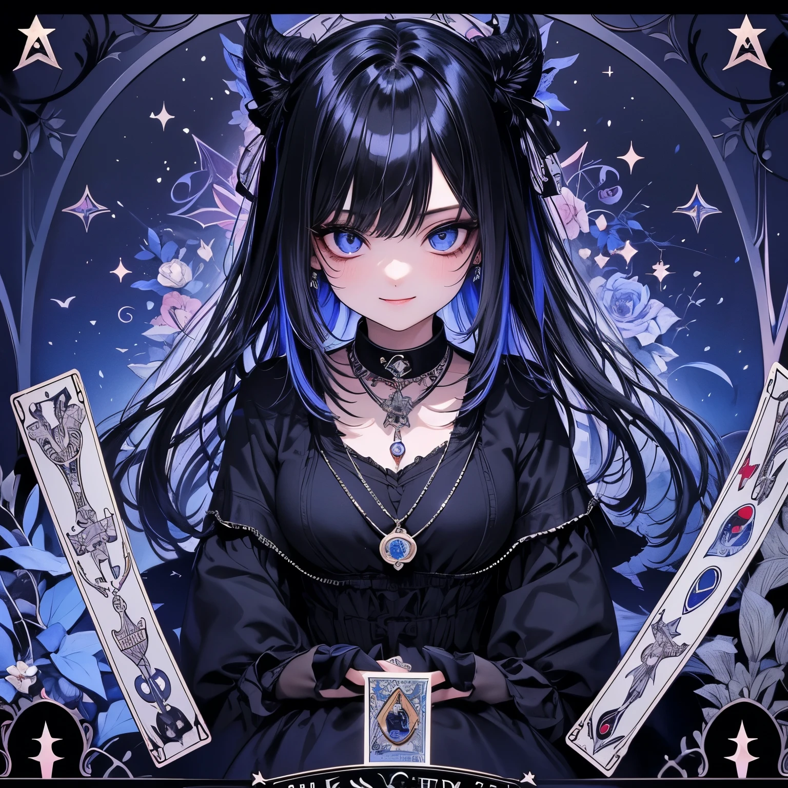 (masterpiece), Highest quality, Ultra-high resolution,Devil with a black ribbon、Blue Hair、Blue eyes、sapphire、gem、Sparkling、sincerity、smile、(Tarot Cards:1.3)