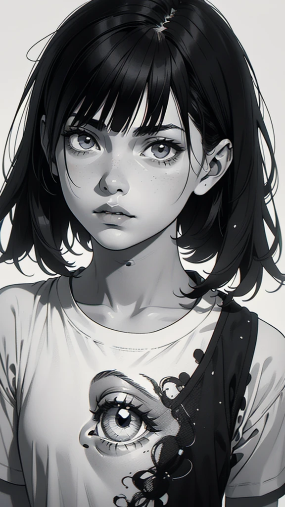 1 boyish girl, solo, sharp eyes, expressionless, monochrome, greyscale, short black hair, portrait, white T-shirt, closed mouth, looking at viewer, graphite \(medium\), detailed lips, hatching \(texture\), without makeup, bangs, upper body, (best illustration), (best quality), (very detailed), (masterpiece), expressionless,