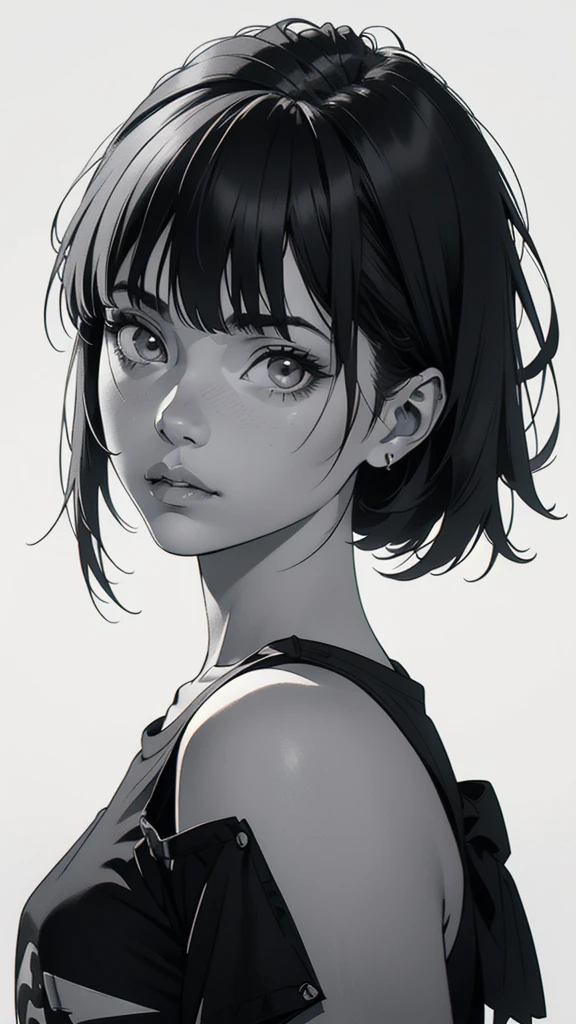 1 boyish girl, solo, sharp eyes, expressionless, monochrome, greyscale, short black hair, portrait, white T-shirt, closed mouth, looking at viewer, graphite \(medium\), detailed lips, hatching \(texture\), without makeup, bangs, upper body, (best illustration), (best quality), (very detailed), (masterpiece), expressionless,