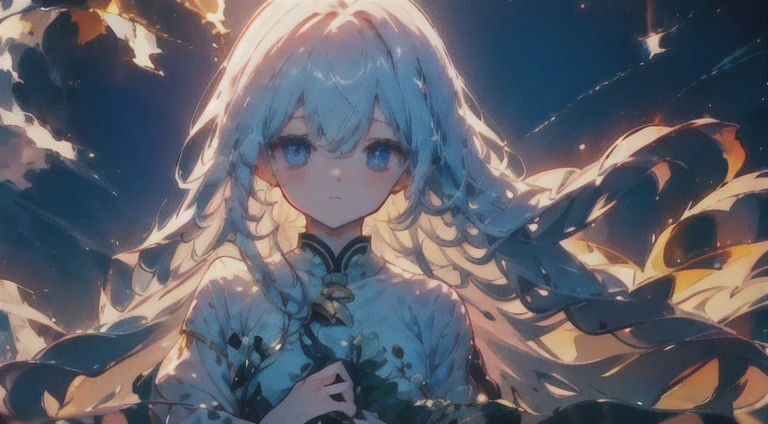 Highest quality、Very delicate、Long Hair、beautiful、ephemeral、hope、Dynamic Cloud、Silver Marble Skin、Heart of Darkness、Facing loneliness、Plain T-shirt、Sunken eyes、General people、Dark atmosphere、Mature