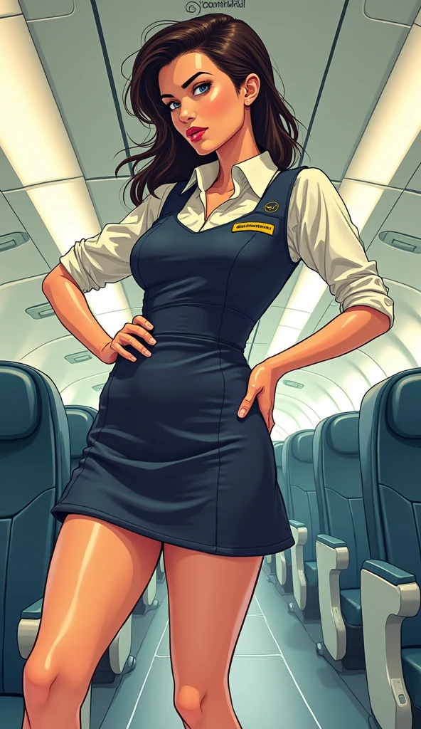 Naughty stewardess, Lufthansa, whole body, Cel Shading, Bold outline, Flat Color, Sharp Shadow, Graphic Style, (Manga influence:1.3), Beautiful line drawing, Impressive visuals,comics