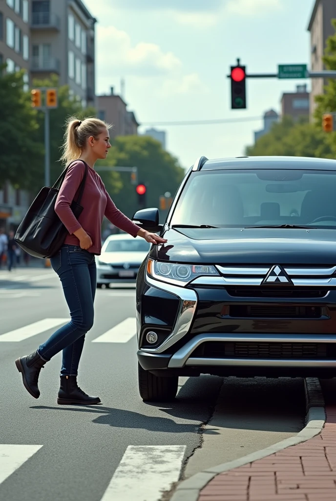 Create a photograph of a mildly dented mitsubshi outlander silver hitting a lady in a 4 junction