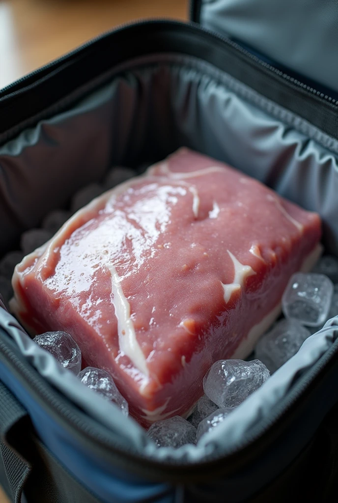 The pork is sealed in a bag and placed in a cool box.