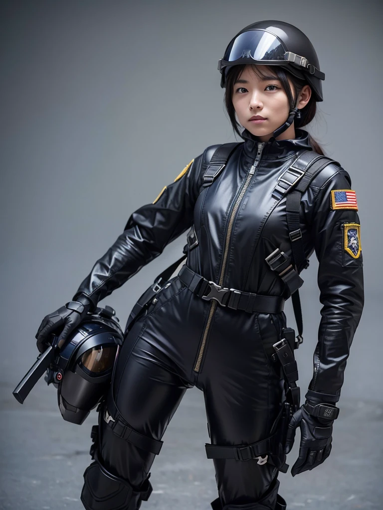 A female soldier wearing a fighter jet helmet, pilot suit and harness belt、