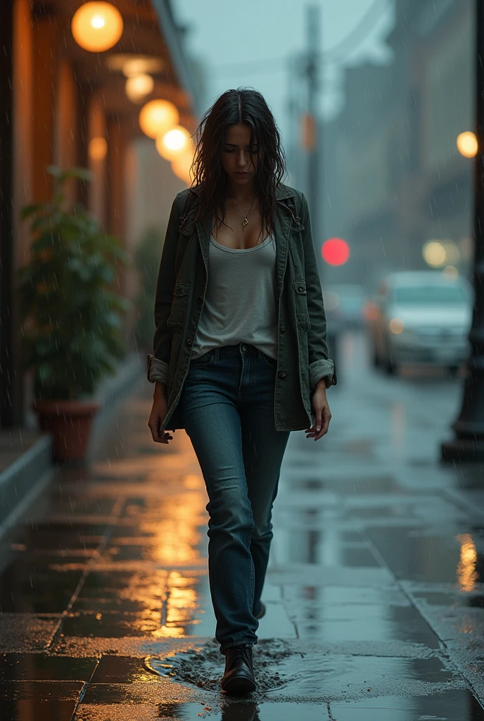 Book cover, (photorealism:1.2), on the cover depict a beautiful woman, a sad face, walking on a wet sidewalk, wearing a loose jacket, it is cloudy, It is raining, Her hair is wet, Her clothes are wet, realistic, Complex details, warm colors, the atmosphere of a woman's upset feelings