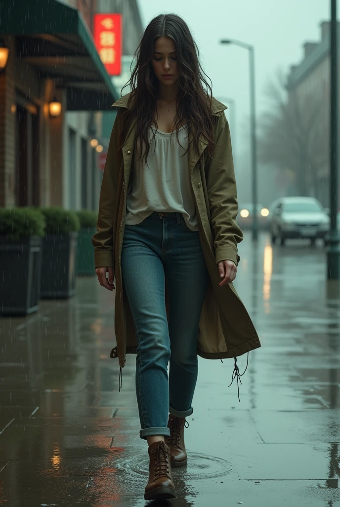 Book cover, (photorealism:1.2), on the cover depict a beautiful woman, a sad face, walking on a wet sidewalk, wearing a loose jacket, it is cloudy, It is raining, Her hair is wet, Her clothes are wet, realistic, Complex details, warm colors, the atmosphere of a woman's upset feelings