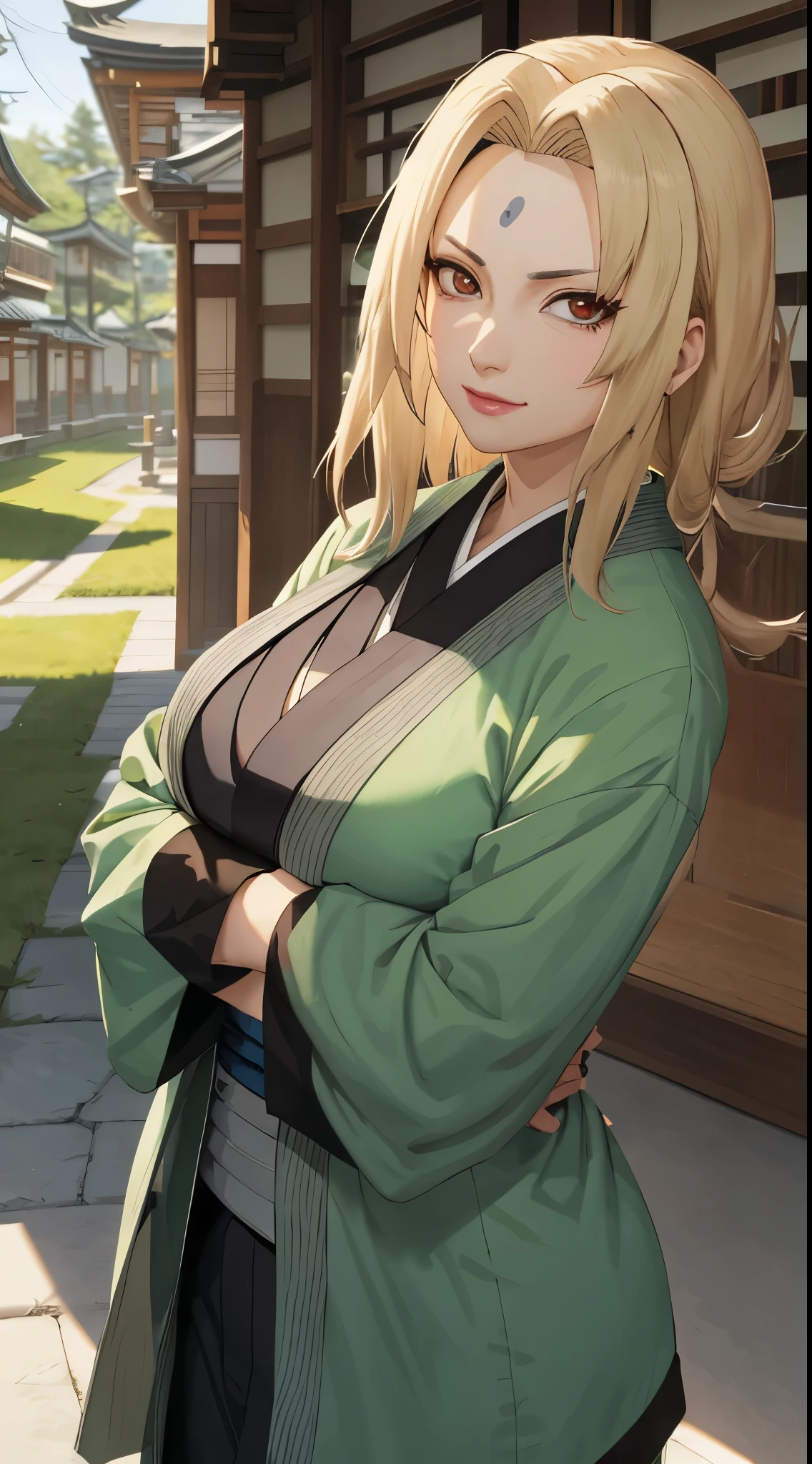 Tsunade Senju, Bela, masterpiece, extremely detaild, best qualityer, best ilumination, best shade, face perfect, shiny brown eyes, blue mark on forehead, wearing a gray kimono with a red belt and a green jacket, 1 girl, big boobies, big-ass, leaning forward looking at the viewer, in Konoha,