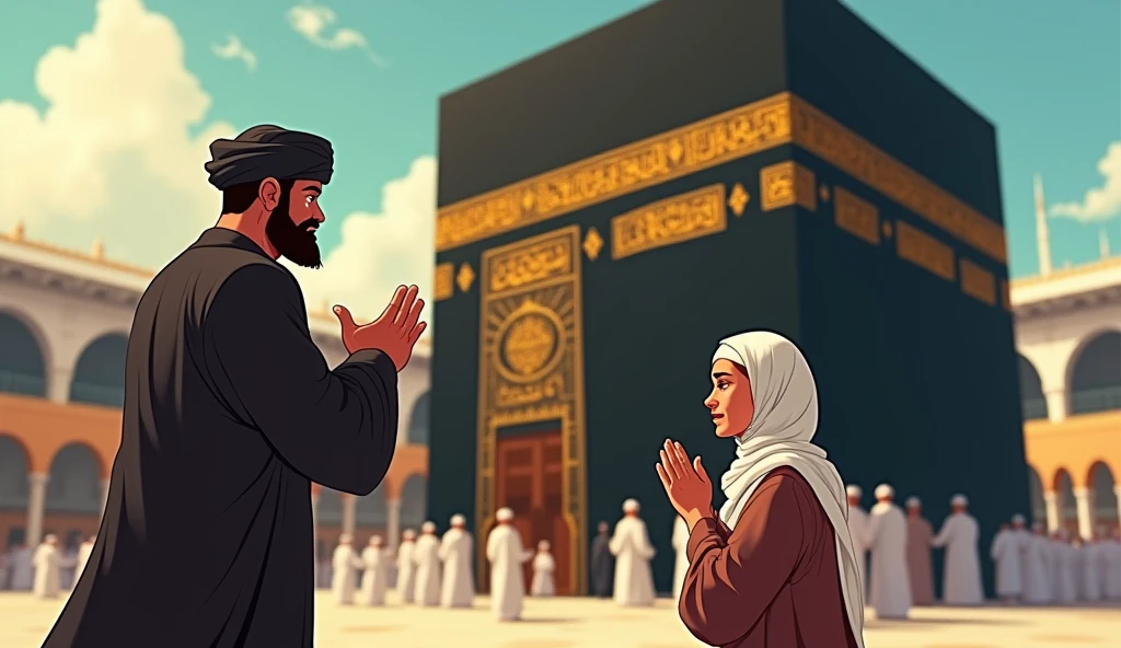 Animated image of a black-haired Muslim man wearing a white turban with a large body and an old woman wearing a headscarf and wearing white clothes sitting crying while praying in front of the Kaaba.