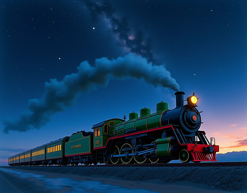 Japanese steam locomotive C62 flying through the starry sky at night、Galaxy Express 999, Side view、Starry sky-focused artwork、The body of the steam locomotive is a beautiful green