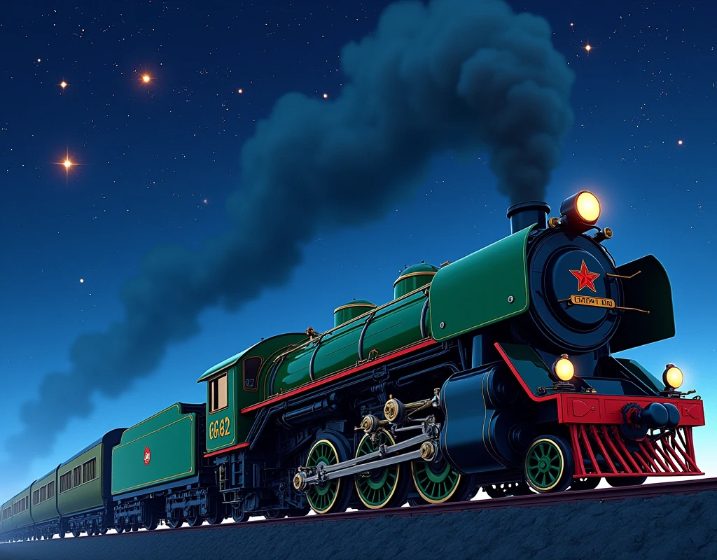 Japanese steam locomotive C62 flying through the starry sky at night、Galaxy Express 999, Side view、Starry sky-focused artwork、The body of the steam locomotive is a beautiful green