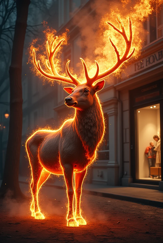 Create a giant reindeer with antlers that are burning trees.Reindeer merges with abstract nature.A bright ray of pure energy resembling lava from a volcano falls on his head..The land is in an urban setting next to a luxury store window at night in Paris.4k, Details