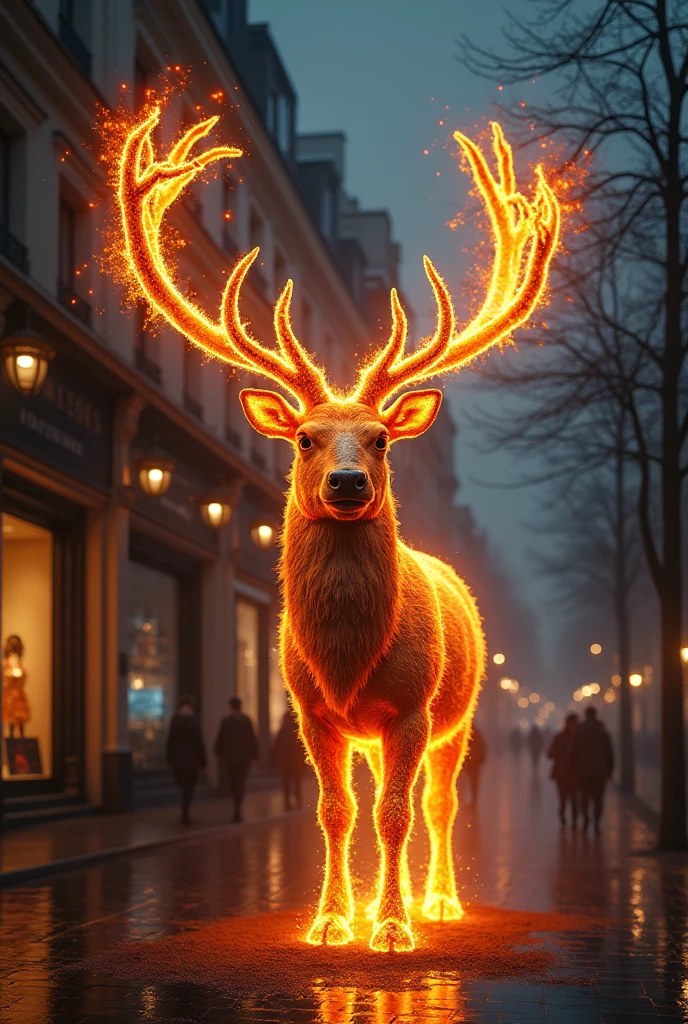 Create a giant reindeer with antlers that are burning trees.Reindeer merges with abstract nature.A bright ray of pure energy resembling lava from a volcano falls on his head..The land is in an urban setting next to a luxury store window at night in Paris.4k, Details