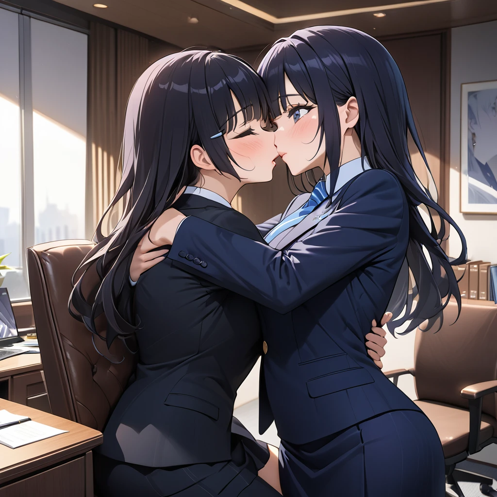 ((Highest quality)), ((masterpiece)), (detailed), （Perfect Face）、The woman is Reika Aoki with semi-long hair、The woman is a secretary to the president of a large company and is wearing a high-end suit and a high-end long tight skirt.、The woman is being embraced, kissed and loved by the president on a chair in his office.