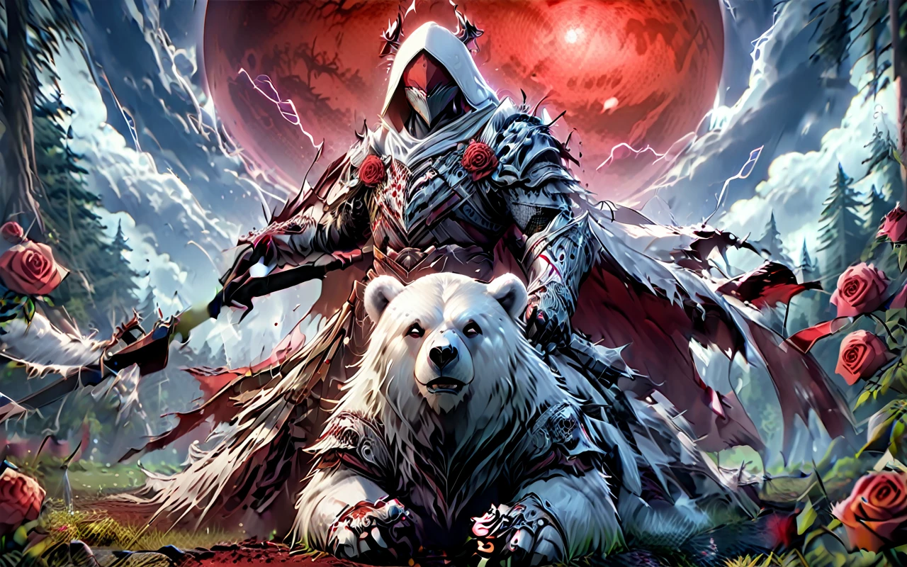 Dynamic picture where a man with a white hood with bear ears and a katana sits riding a big polar bear in a forest while the blood moon shines, many Roses cover the ground and lightning falls from the sky. The man wears a red blindfold.