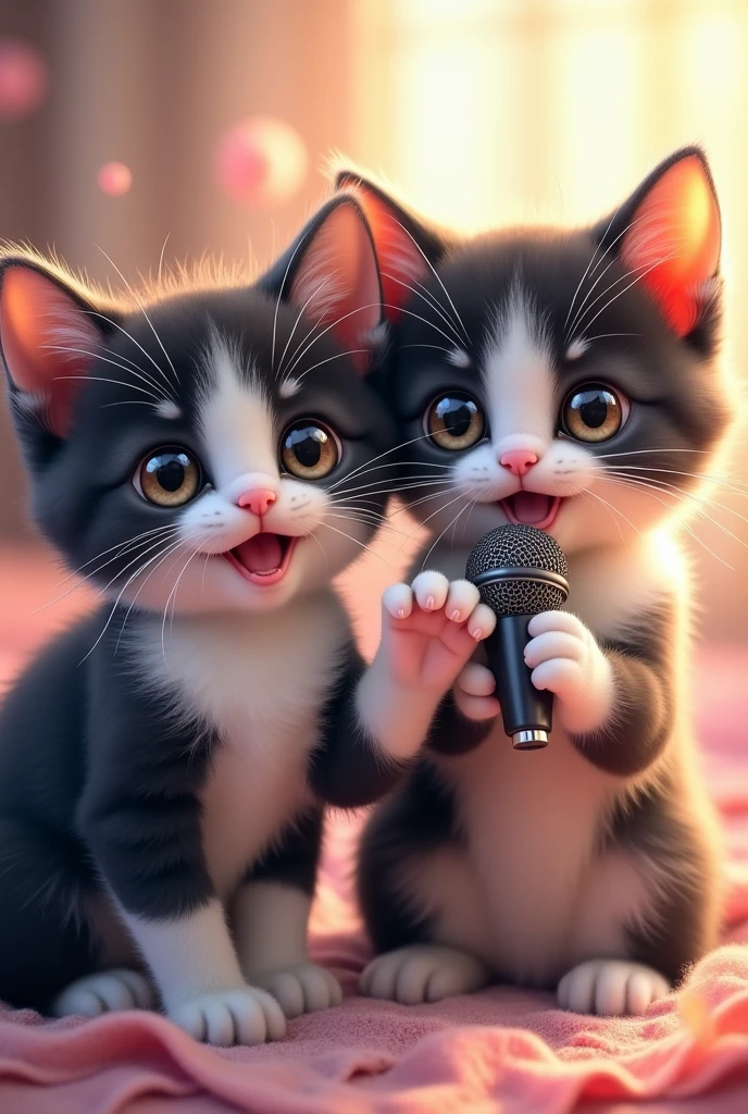 Personification of kittens、Black and white hair、beautiful、Sweet atmosphere、beautifulな大きな目、Singing with a microphone、One hand is beckoning me、