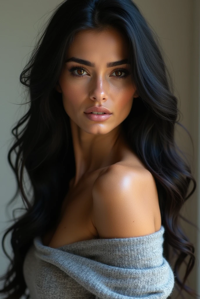 Create a highly realistic and detailed image of a gorgeous woman with long black hair, wearing a grey off-shoulder sweater. She has a stunning face and is looking directly at the viewer with a confident expression. Her shoulders are bare, and the image should capture her full body. The focus should be on the realism of her facial features and the texture of her hair and sweater. The scene should be well-lit, with a soft and natural light that highlights the details of her skin and clothing.