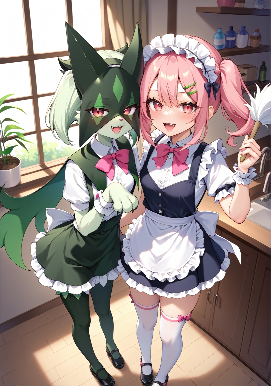 Digital illustration of a cute girl inspired by Meowscarada in a maid outfit, in an anime style:
Character:
Young woman, 18-20 years old
Slender, graceful build
Fair skin with a very subtle green tint
Face and Hair:
Large, expressive red eyes with long lashes
Small nose and lips with a gentle smile
Long, wavy hair in a light green color with darker green highlights
Two small, leaf-shaped hair clips resembling Meowscarada's ears
Outfit:
Classic black and white maid dress with short puffy sleeves
Green apron with leaf patterns and frilly edges
White thigh-high stockings with green floral garters
Black mary jane shoes with small green bows
Accessories:
White frilly headband with small green leaf accents
Green choker with a pink flower charm, reminiscent of Meowscarada's collar
White lace wrist cuffs with small green ribbons
Pose:
Standing in a classic maid pose, slightly bowing forward
One hand holding a feather duster, the other hand on the apron
Slight cat-like tilt of the head, giving a playful expression
Background:
Elegant interior of a high-class mansion or cafe
Lighting:
Soft, warm lighting creating a cozy atmosphere
Style:
Cute anime art style with clean lines and vibrant colors
Emphasis on moe elements and maid cafe aesthetics
Soft shading for a gentle appearance
Color palette:
Black and white for the main maid outfit
Various shades of green for hair and accessories
Pink accents for subtle details
Additional details:
Subtle cat-like mannerisms, such as slightly pointed canine teeth when smiling
A small, cute flower tucked behind one ear
Playful, slightly mischievous glint in the eyes
Overall impression:
A cute, charming interpretation of Meowscarada as a human maid
Balance between human features and subtle Pokémon-inspired elements
Conveys Meowscarada's grace and playfulness while fitting into a more human context