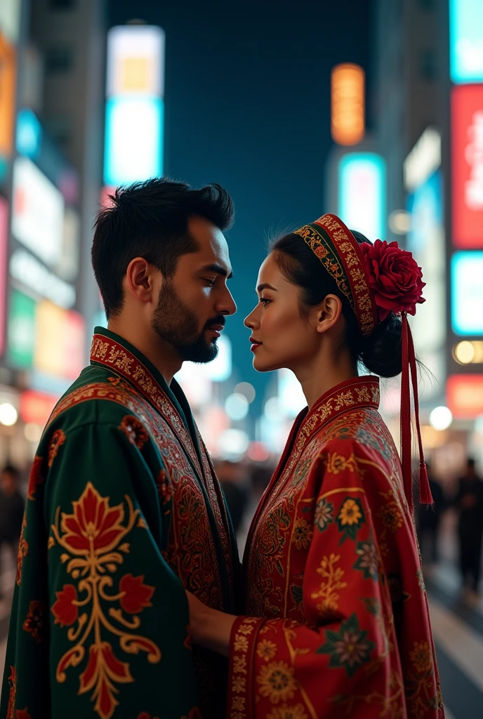 Couple in night Tokyo they're from Uzbekistan they wore Uzbek national clothes 