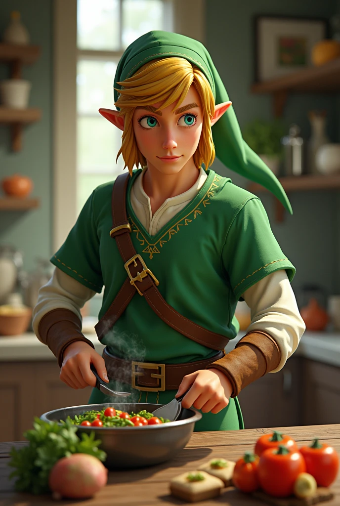 Link adulte de l'univers Zelda en train de cuisiner