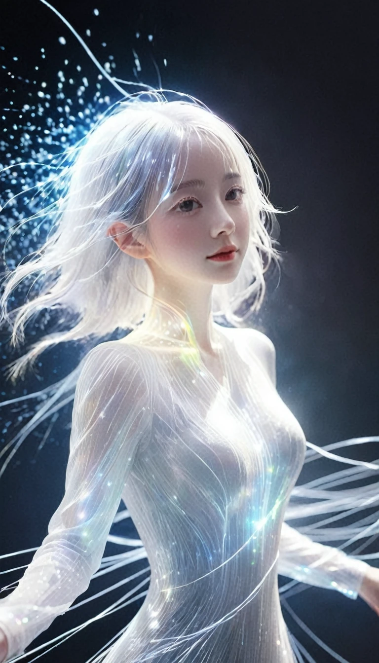 bailing_particles,bailing_lines,Lines of light,Particles of Light,A girl made of particles,The density of lines at the finger part is high,(white hair:0.3),