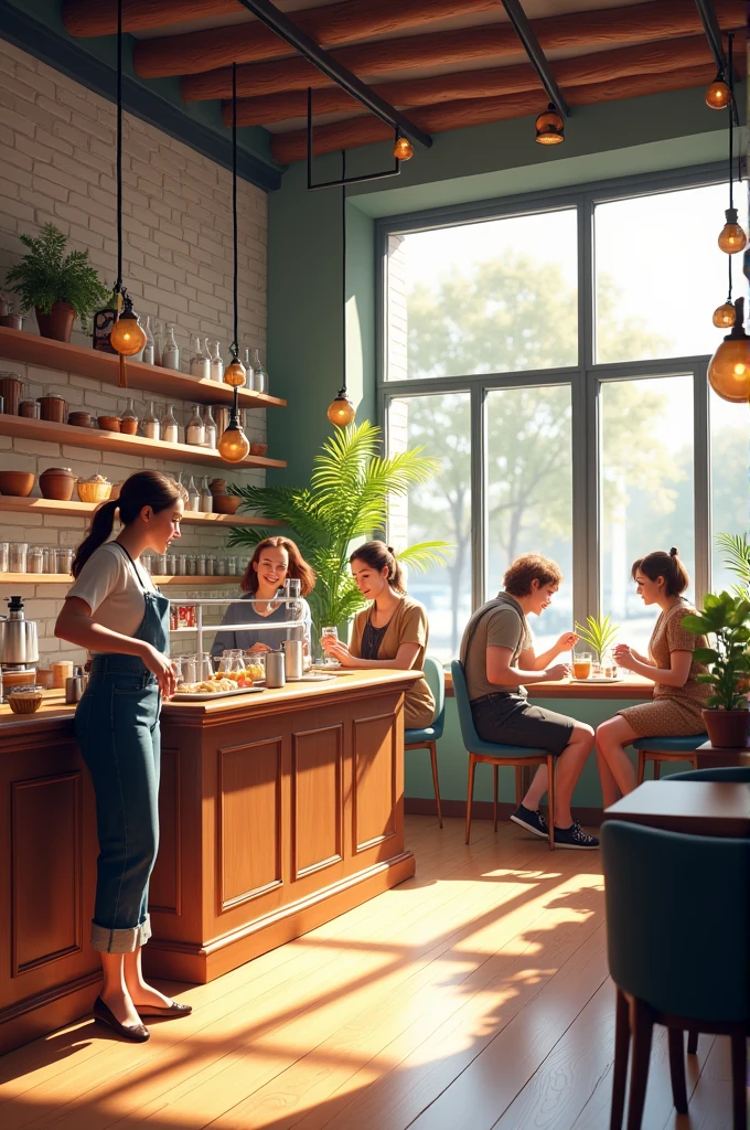 create a picture of a girl who owns a big coffee shop and has many customers