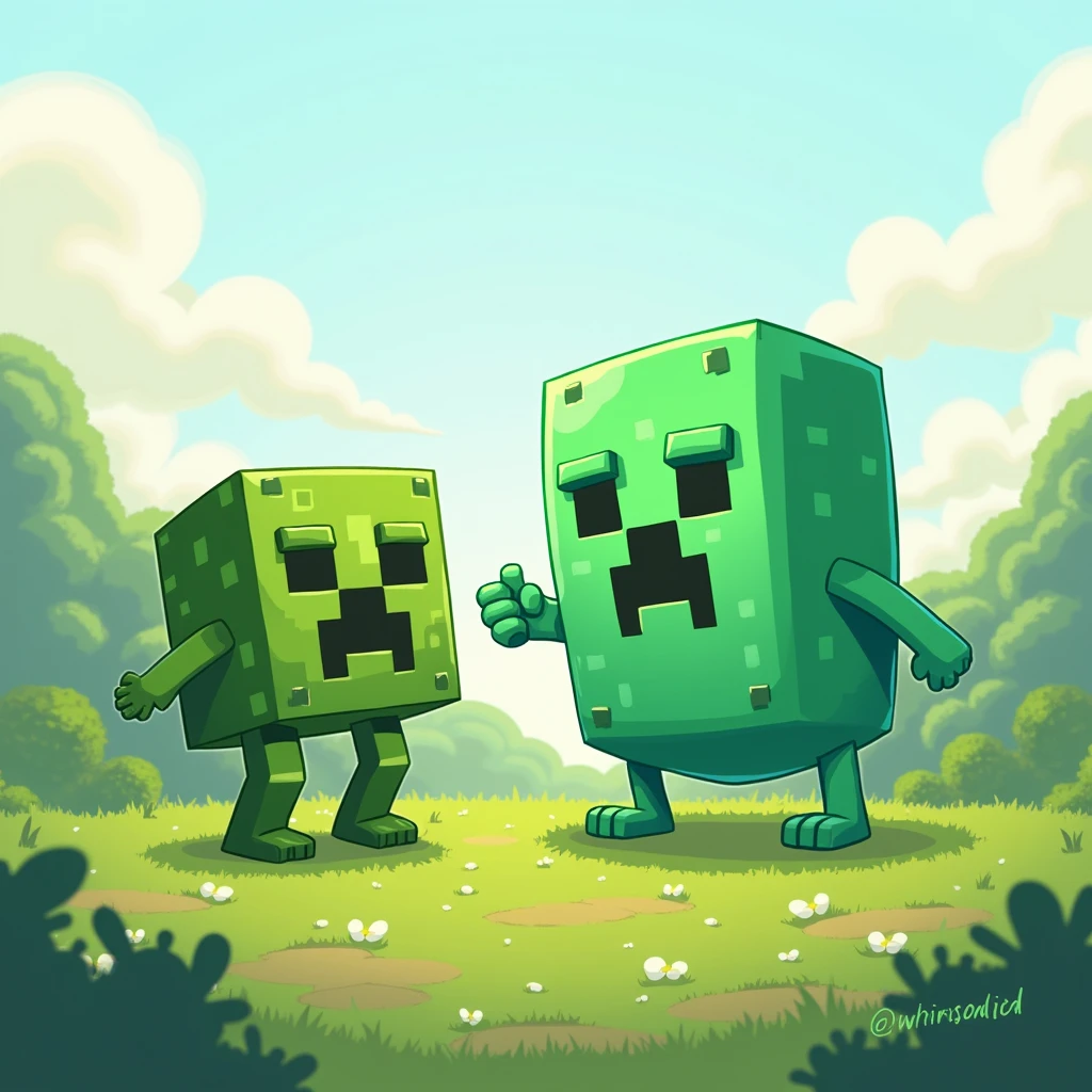 Two-dimensional cartoon design of creeper and slime with real shape and without cubes in the land of minecraft, the design should be cartoonish.