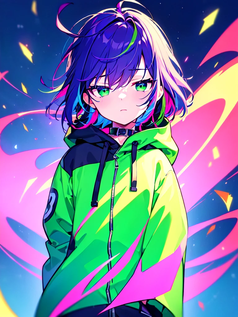 [(CITYPOP BACKGROUND:1.5),::5], ((((masterpiece)))), high quality, ultra very high resolution, full color, (((solo))), ((**********)), (Purple hair), ((Green streaked hair)), (Green eyes), anime, ((upper body)), neon light, black parka, 