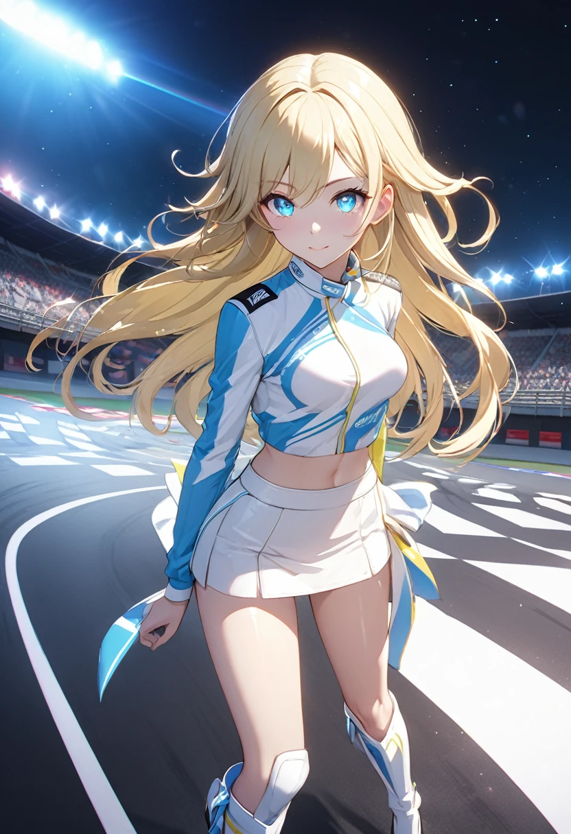 Highest quality, Great quality, 16K, Unbelievably absurd, Very detailed, 2.5D, delicate and dynamic,blue sky, Small face, Very delicate look, Delicate eye depiction, Very Fine Hair, Sexy Woman, Muscular, Height: 175cm, Blonde,Long Hair,Sexy long legs,Race Queen, Glowing Skin, , 派手なRace Queenのコスチューム,Tight Skirt, White Leather Long Boots, Auto Racing Track,Glowing Skin,Cinema Lighting, (完璧なGlowing Skin:0.6),Always high quality CG Unity 8K wallpapers