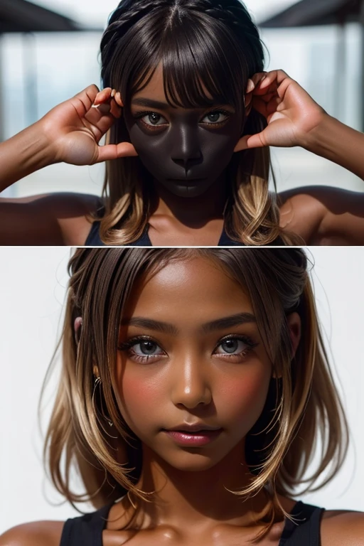 one girl, ((( incoming kiss )))、Put your hand over your mouth、Beautiful breasts、 Brown eyes, ((Gal Hairstyles)) blonde, girl, (Eye and facial details:1.0), break, (masterpiece, Highest quality, Very detailed, Detailed face, 8k),( dark skin:1.95 )