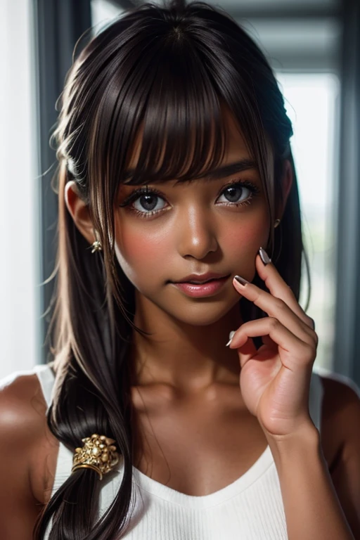 one girl, ((( incoming kiss )))、Put your hand over your mouth、Beautiful breasts、 Brown eyes, ((Gal Hairstyles)) blonde, girl, (Eye and facial details:1.0), break, (masterpiece, Highest quality, Very detailed, Detailed face, 8k),( dark skin:1.95 )