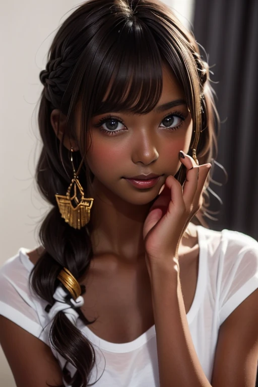 one girl, ((( incoming kiss )))、Put your hand over your mouth、Beautiful breasts、 Brown eyes, ((Gal Hairstyles)) blonde, girl, (Eye and facial details:1.0), break, (masterpiece, Highest quality, Very detailed, Detailed face, 8k),( dark skin:1.95 )