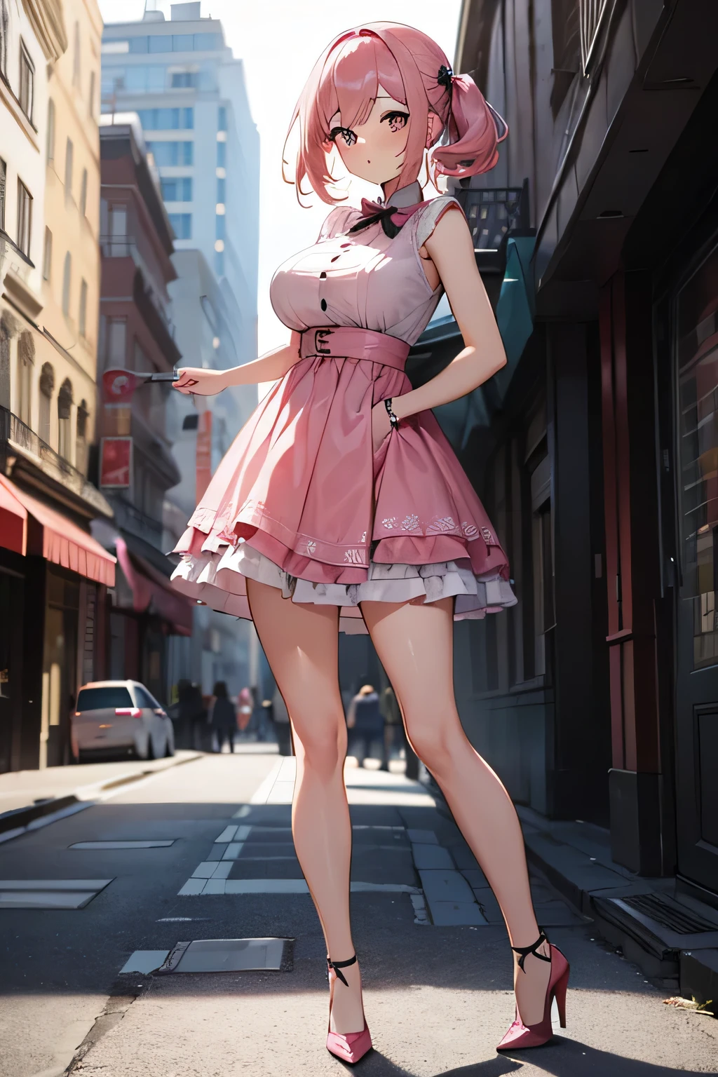 1girl, pink hair, standing, big breasts, short dress, high heels, Résolution Haute, Qualité Meilleure, Retina, 