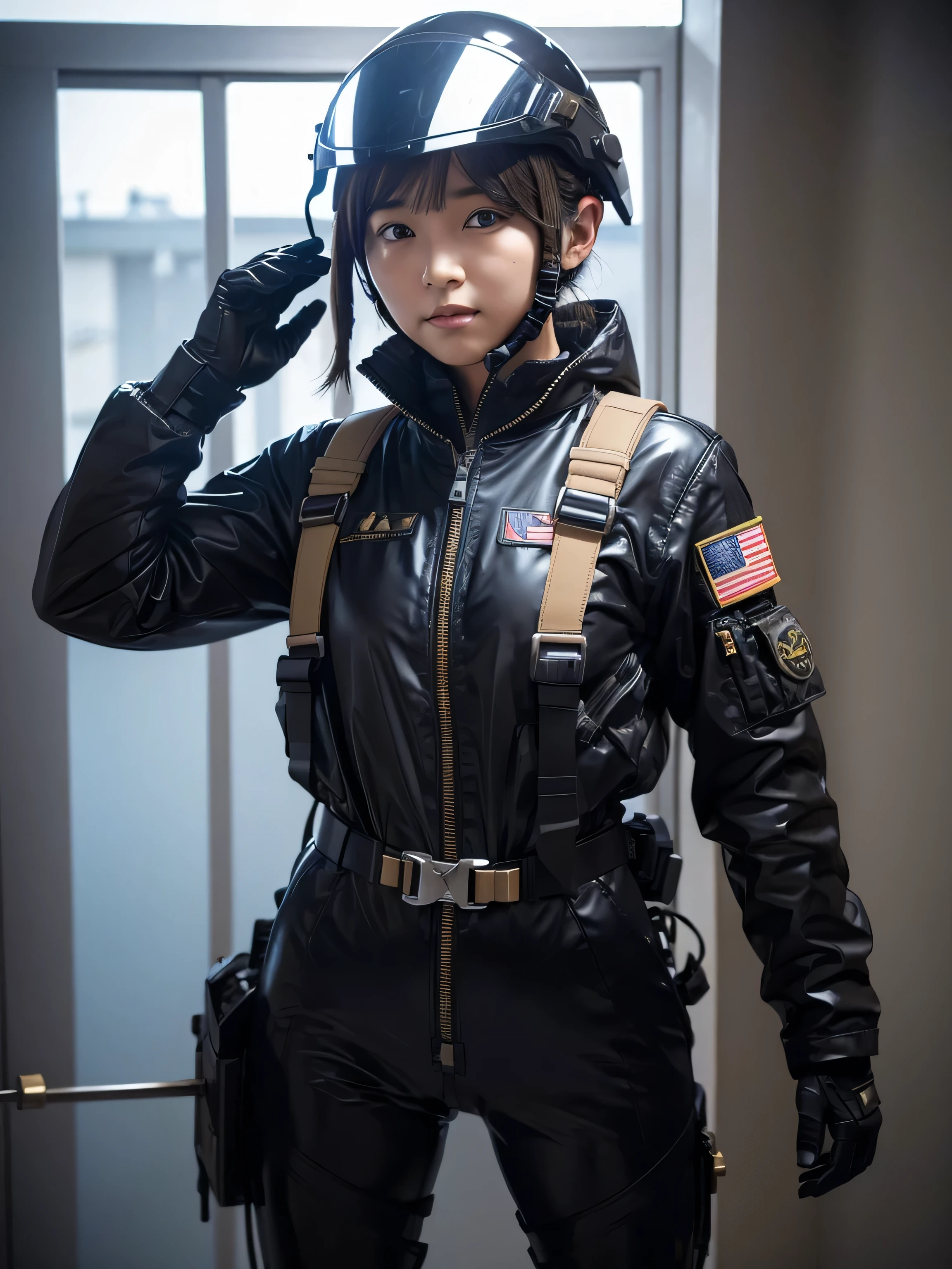 A female soldier wearing a fighter jet helmet, pilot suit and harness belt、