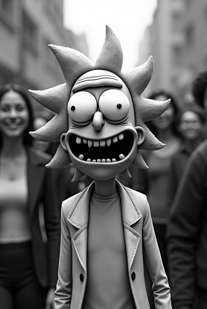 generates the popular character Rick Sanchez in black and white laughing in front of a crowd of people