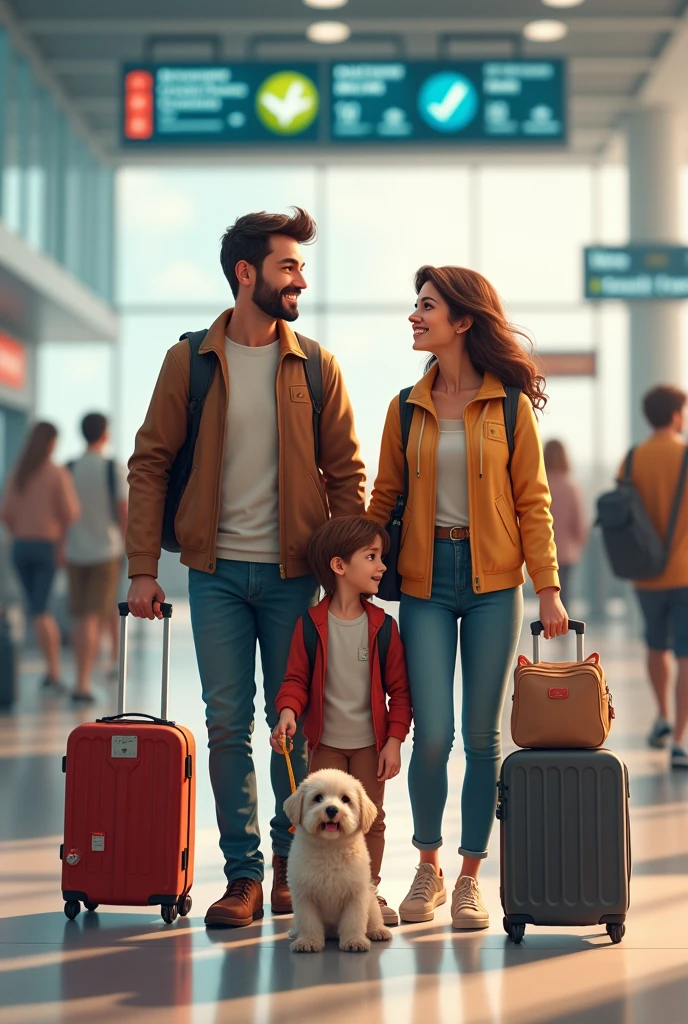 Create a family with pets and travel bags in a more real airport