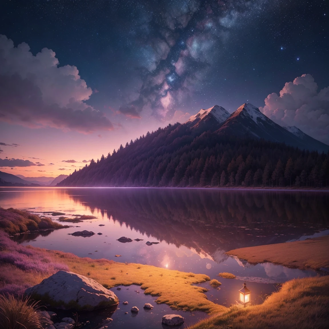 (Highest quality,4K,8k,16K,High resolution,masterpiece:1.2),Very detailed,(Realistic,photoRealistic,photo-Realistic:1.37),Night sunset landscape,Stars in the sky,Moon,Shining Star,Majestic moonlight,Quiet atmosphere,Serene landscape,Twinkling Star,Night beauty,reflection of Moonlight on the water,Soft moonlight glow,Quiet environment,Natural Beauty,dark clouds illuminated by Moonlight,Dreamy atmosphere,Twilight Color,Star-filled night sky,distant galaxy,Amazing celestial show,A mysterious feeling,The horizon stretches out into the distance,Vibrant colors of the sunset,Shades of orange and purple,Pink in the sky,Soft and warm lighting,A canvas full of stars,Calm moonlit landscape,Shining Night Sky,peaceful and quiet,wood々A gentle breeze blowing through,Signs of calm,Picturesque views,Awe-inspiring views,immersive visual experience,breathtakingly beautiful scenery,Magical atmosphere,Fantastic landscape,The moonlight illuminating the surroundings,Natural Beautyしさの驚くべき展示,Awe-inspiring nighttime panorama,Fascinating celestial show.