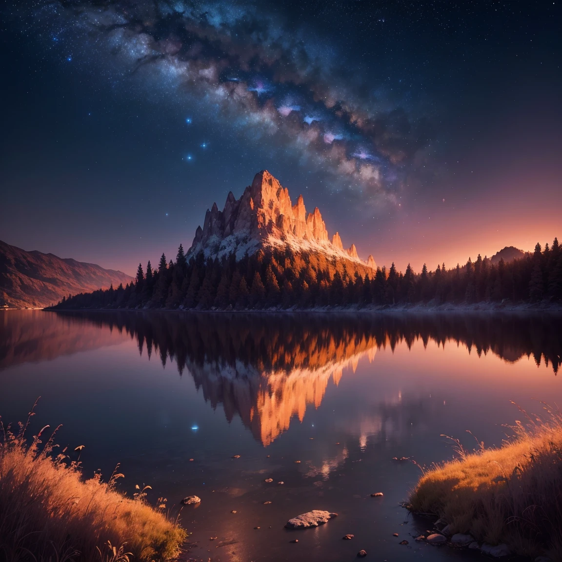 (Highest quality,4K,8k,16K,High resolution,masterpiece:1.2),Very detailed,(Realistic,photoRealistic,photo-Realistic:1.37),Night sunset landscape,Stars in the sky,Moon,Shining Star,Majestic moonlight,Quiet atmosphere,Serene landscape,Twinkling Star,Night beauty,reflection of Moonlight on the water,Soft moonlight glow,Quiet environment,Natural Beauty,dark clouds illuminated by Moonlight,Dreamy atmosphere,Twilight Color,Star-filled night sky,distant galaxy,Amazing celestial show,A mysterious feeling,The horizon stretches out into the distance,Vibrant colors of the sunset,Shades of orange and purple,Pink in the sky,Soft and warm lighting,A canvas full of stars,Calm moonlit landscape,Shining Night Sky,peaceful and quiet,wood々A gentle breeze blowing through,Signs of calm,Picturesque views,Awe-inspiring views,immersive visual experience,breathtakingly beautiful scenery,Magical atmosphere,Fantastic landscape,The moonlight illuminating the surroundings,Natural Beautyしさの驚くべき展示,Awe-inspiring nighttime panorama,Fascinating celestial show.