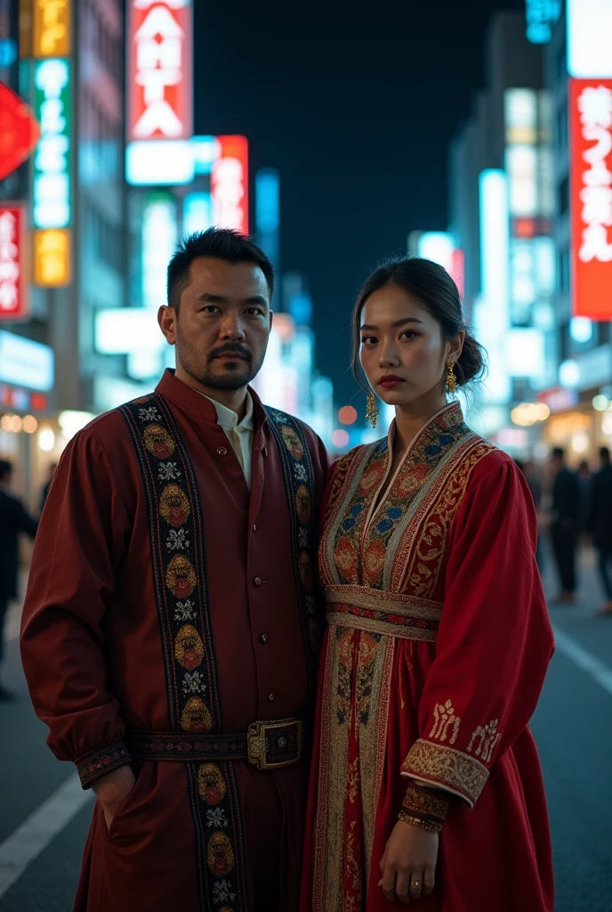 Couple in night Tokyo they're from Uzbekistan they wore Uzbek national clothes they aren't in love