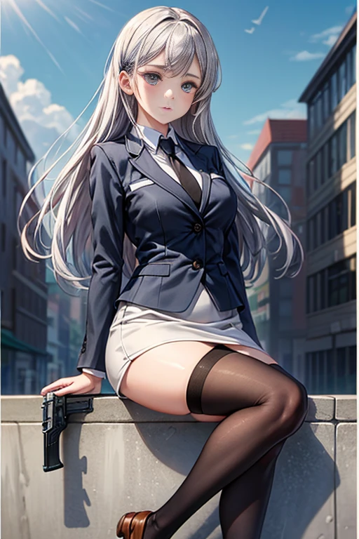 Highest quality、Ultra HD、One Woman、(Silver long hair 1.3)、(Green blazer 1.3)、(White tight mini skirt 1.3)、(Black tie)、(Black loafers 1.1)、((1 who has a gun.2))、(Large Breasts)、(Thighs)、(Black knee-highs 1.2)、(Beautiful face with sharp eyes 1.2)、40-year-old woman、Slender body、(Evening school background 1.2)、((Clear and beautiful touch))