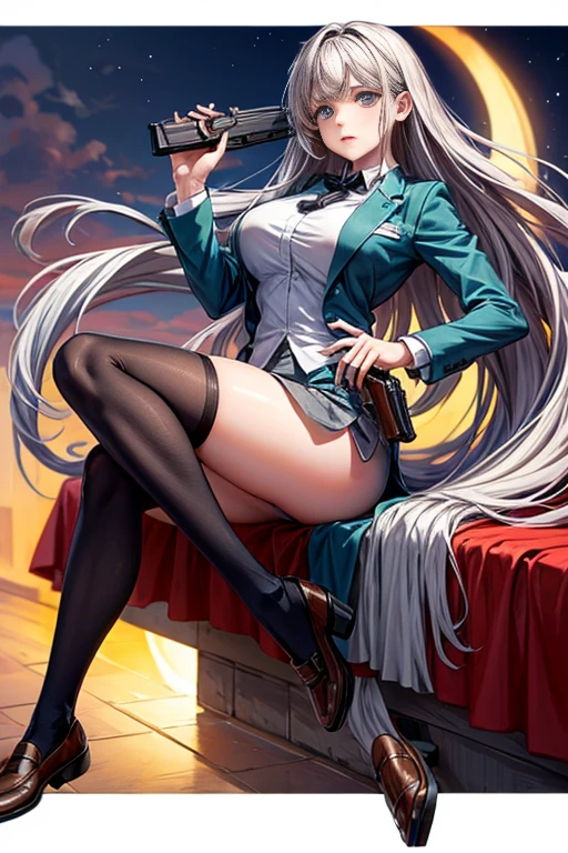 Highest quality、Ultra HD、One Woman、(Silver long hair 1.3)、(Green blazer 1.3)、(White tight mini skirt 1.3)、(Black tie)、(Black loafers 1.1)、((1 who has a gun.2))、(Large Breasts)、(Thighs)、(Black knee-highs 1.2)、(Beautiful face with sharp eyes 1.2)、40-year-old woman、Slender body、(Evening school background 1.2)、((Clear and beautiful touch))