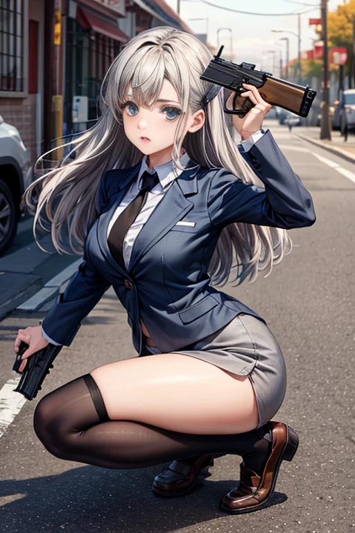 Highest quality、Ultra HD、One Woman、(Silver long hair 1.3)、(Green blazer 1.3)、(White tight mini skirt 1.3)、(Black tie)、(Black loafers 1.1)、((1 who has a gun.2))、(Large Breasts)、(Thighs)、(Black knee-highs 1.2)、(Beautiful face with sharp eyes 1.2)、40-year-old woman、Slender body、(Evening school background 1.2)、((Clear and beautiful touch))