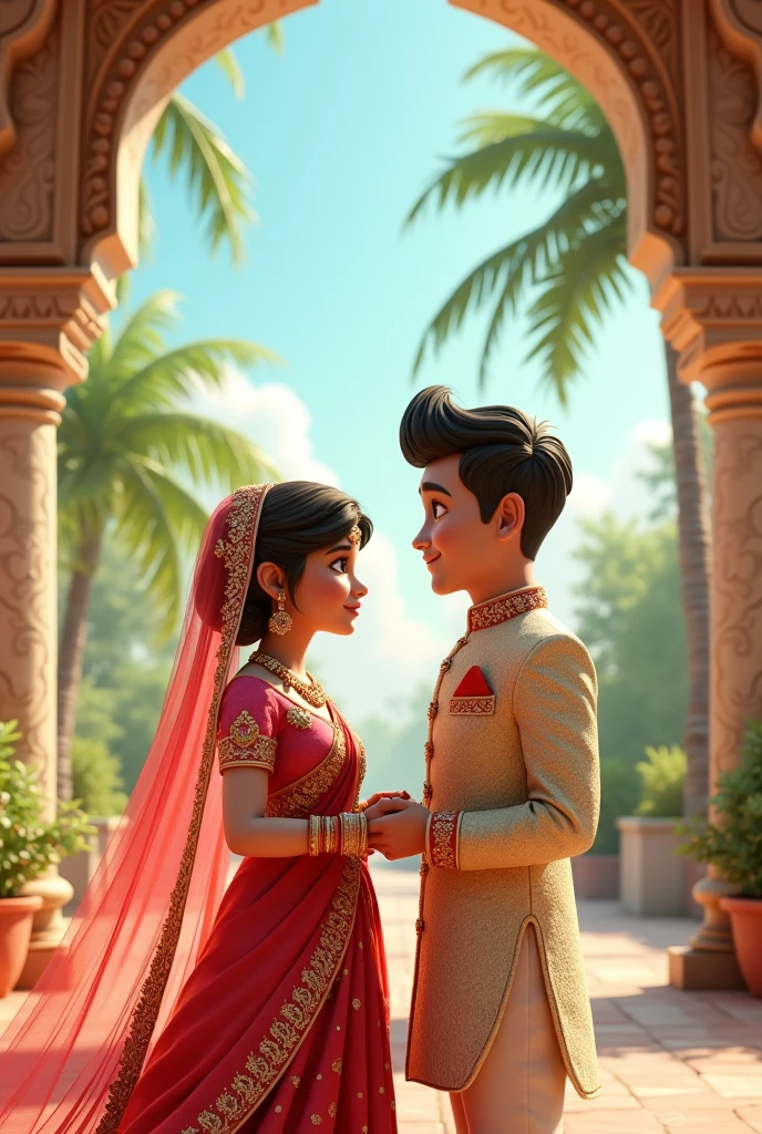 Young man and woman saree  weds ai 3d cartoon type realistic image 