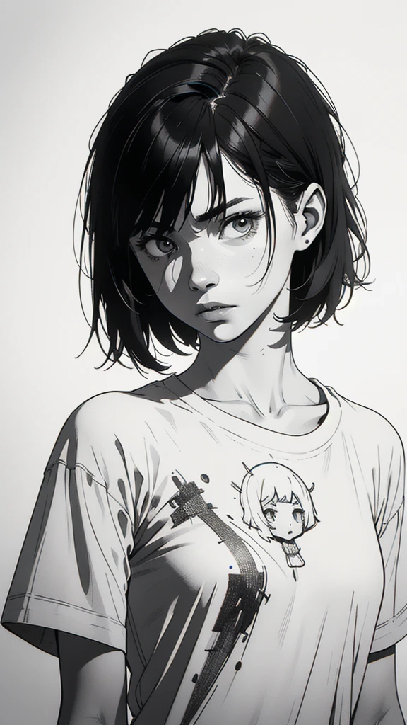 1 boyish girl, solo, sharp eyes, expressionless, monochrome, greyscale, short black hair, portrait, white T-shirt, closed mouth, looking at viewer, graphite \(medium\), detailed lips, hatching \(texture\), without makeup, bangs, upper body, (best illustration), (best quality), (very detailed), (masterpiece), expressionless,