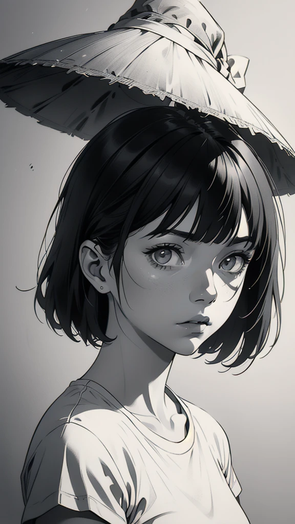 1 boyish girl, solo, sharp eyes, expressionless, monochrome, greyscale, short black hair, portrait, white T-shirt, closed mouth, looking at viewer, graphite \(medium\), detailed lips, hatching \(texture\), without makeup, bangs, upper body, (best illustration), (best quality), (very detailed), (masterpiece), expressionless,