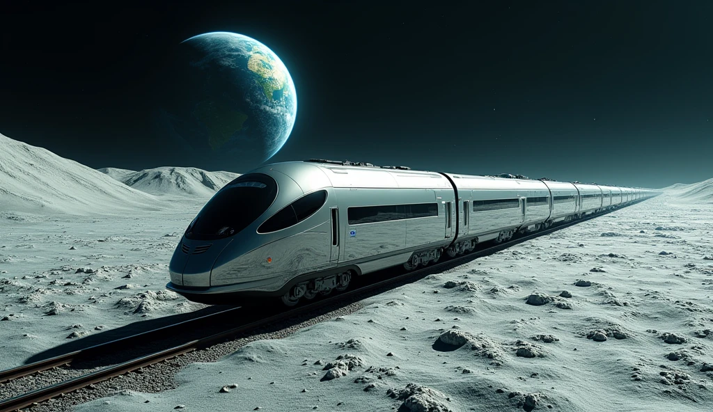 Futuristic trains levitating on the moon, with planet earth in the background
