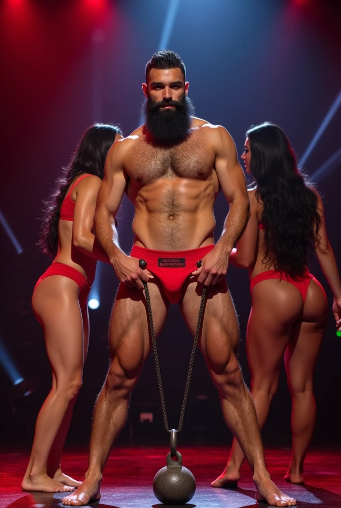 A young Puerto Rican man hairy bearded strong muscular red underwear bulge bulge, standing with legs open, with a weight hanging from the bottom of his underwear, lowering underwear, pulling down his underwear, woman in red panties pulling weight down, in performance on a stage of a television program presented by a famous presenter.