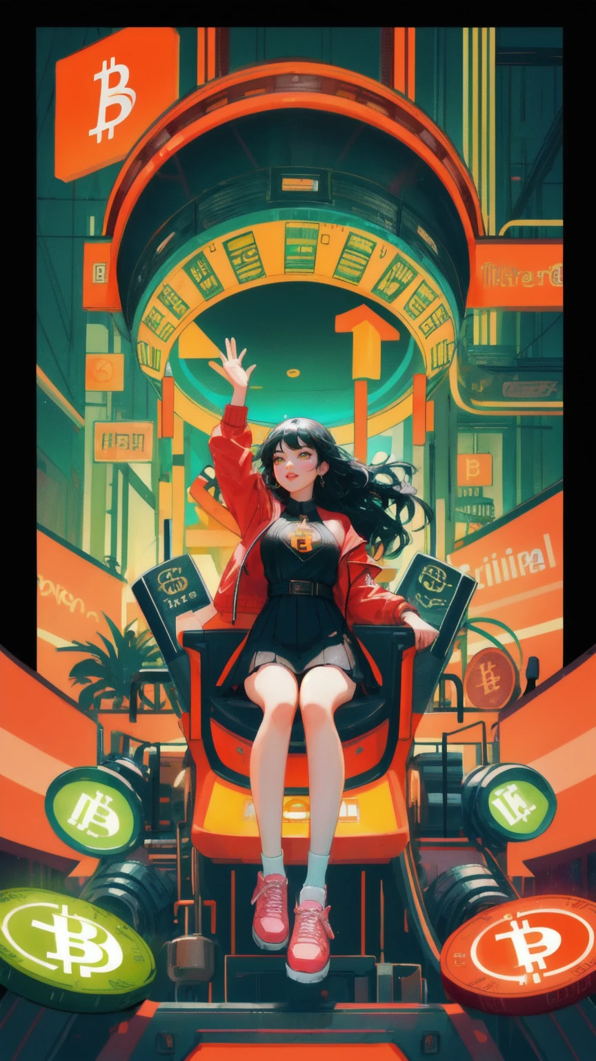 A beautiful, excited girl with long black hair riding a roller coaster, holding a giant Bitcoin coin with both hands. The roller coaster is on a wild, thrilling track surrounded by large Bitcoin symbols. In the background, there's a cryptocurrency trading chart with fluctuating green and red candlesticks, and the word 'HODL' appears multiple times, emphasizing the chaotic nature of the crypto market. The scene is vibrant and energetic, capturing the highs and lows of crypto trading in a colorful, dynamic illustration style