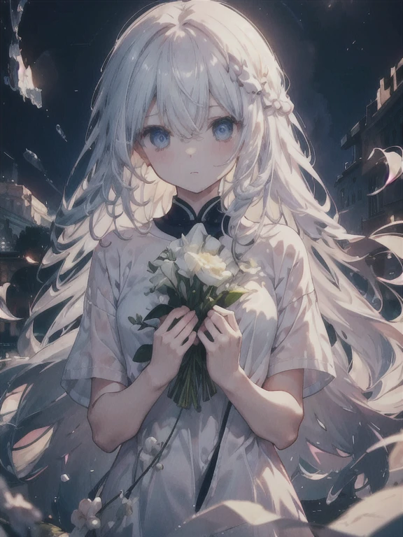 Highest quality、Very delicate、Long Hair、beautiful、ephemeral、hope、Dynamic Cloud、Silver Marble Skin、Heart of Darkness、Facing loneliness、Plain T-shirt、Sunken eyes、General people、Dark atmosphere、Mature