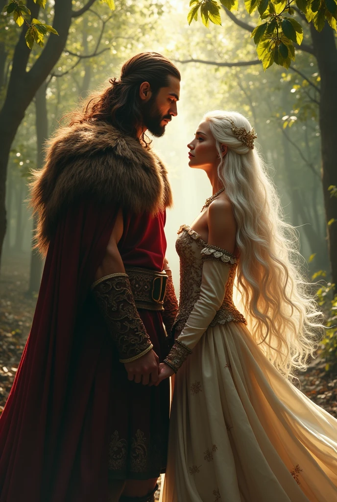 Action poster. Middle Ages, Polish-Lithuanian Commonwealth, 16th century, light, forest, man and woman next to each other. The man is attractive, long maroon hair, strong build, in a caftan with fur trim. A beautiful woman with long white hair, a face similar to Daenerys, in the princely attire of a queen