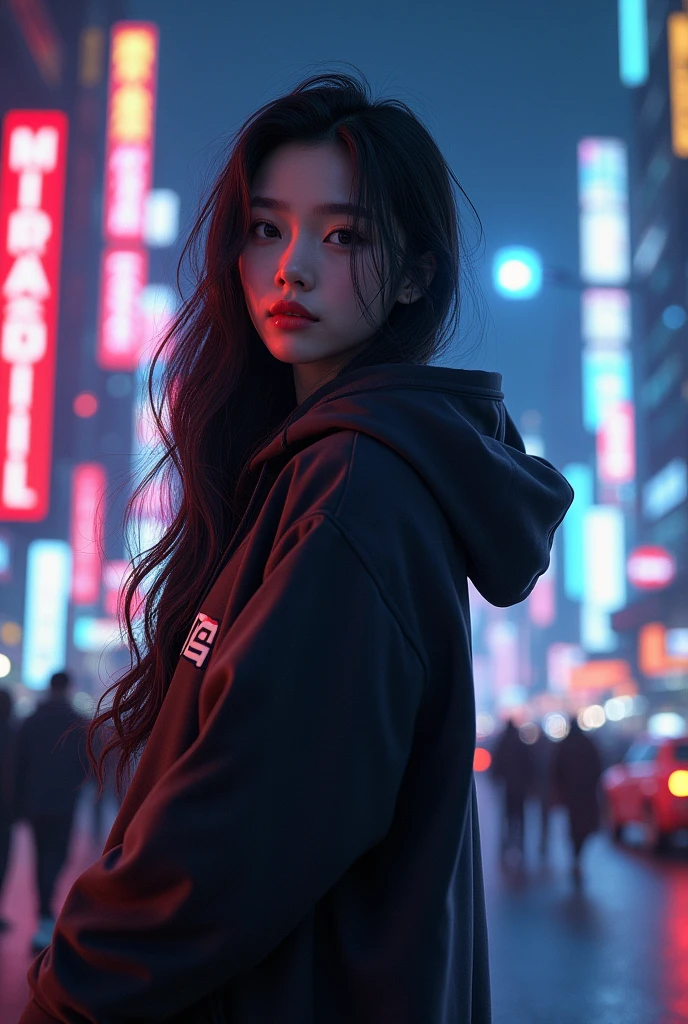 create a character hoodie, background: night city, background insert the HD text: “Pras”, HD, realistic, female, age 25, beautiful korean style, full body